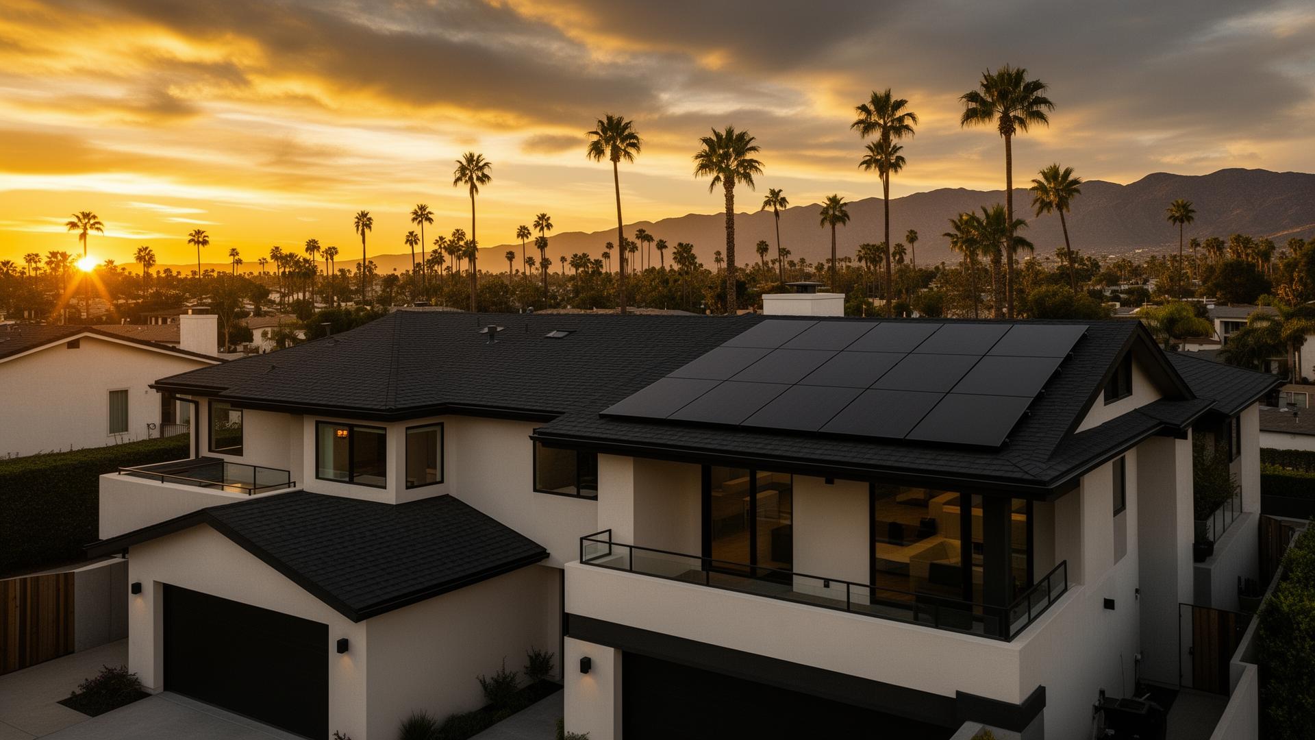 Modern Southern California home with new roof and solar panels at sunset