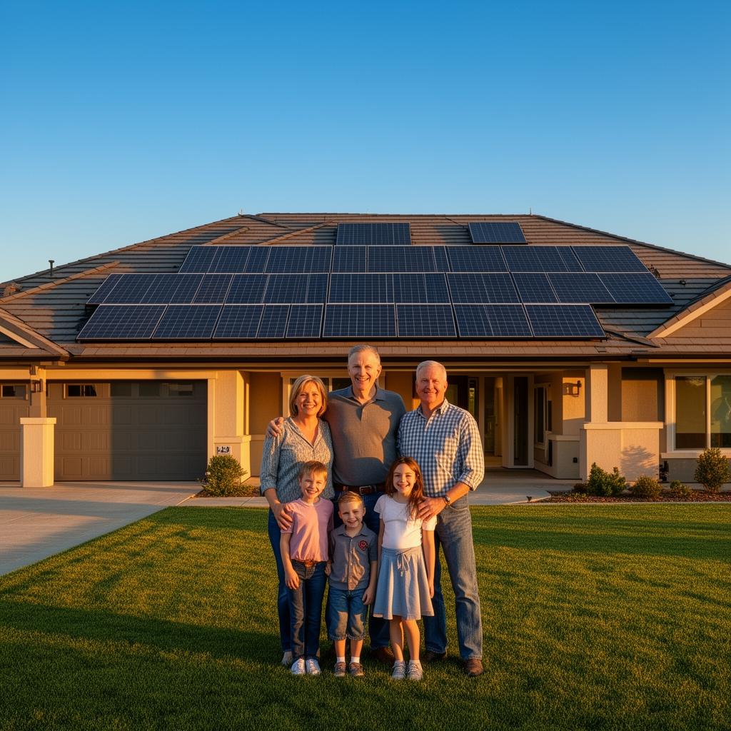 Happy family in front of their improved home