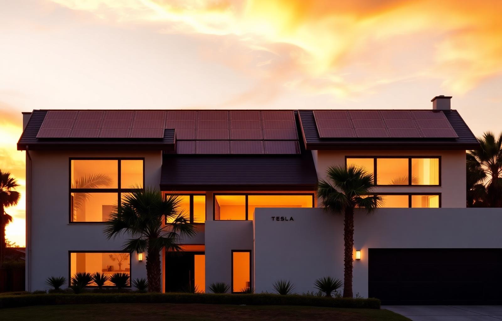 Modern California home with solar panels at golden hour